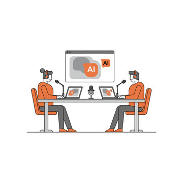 Two individuals discussing artificial intelligence in a virtual podcast setup