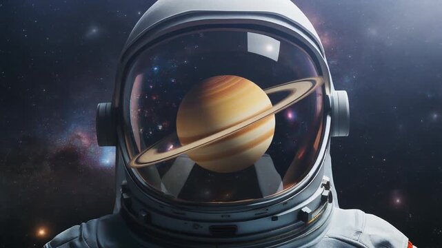 Astronaut helmet visor reflecting Saturn with rings, cosmic background of stars and nebulae, symbolizing exploration and curiosity.