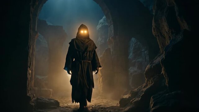 Hooded monk with glowing eyes walks through dark stone ruins. Fantasy character emerges from mystical cave tunnel under shafts of light. Epic cinematic adventure.