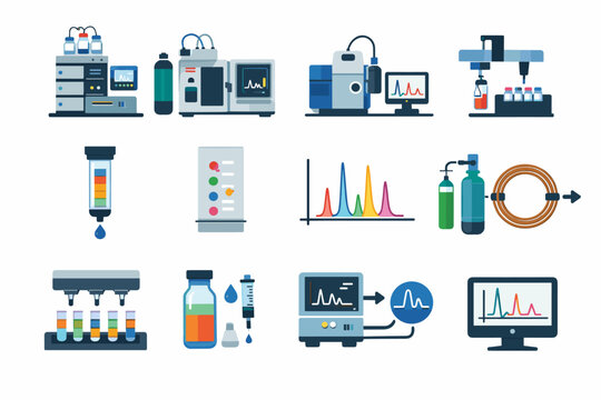Chromatography Laboratory Analysis Instruments and Process Icons Set Featuring HPLC, Gas Chromatography, Mass Spectrometry, Vials, Syringes, and Data Graphs in a Simple Flat Vector Illustration