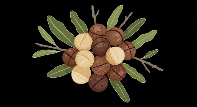 A cluster of macadamia nuts with leaves on dark background