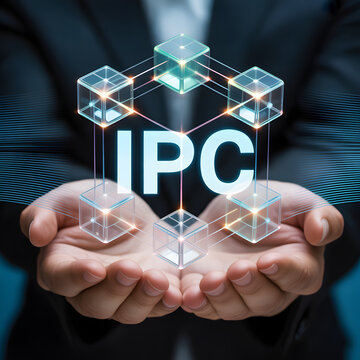 IPC industrial cybersecurity concept with holographic IPC blocks and secure network technology imagery