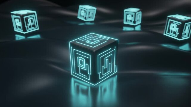 Glowing neon cubes with circuitry patterns floating on dark reflective surface, futuristic visualization of blockchain and digital data.