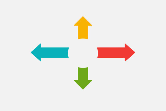 Minimalist infographic template featuring four colorful arrows pointing outward from a central white circle, ideal for business process mapping, strategy presentations, and data visualization.