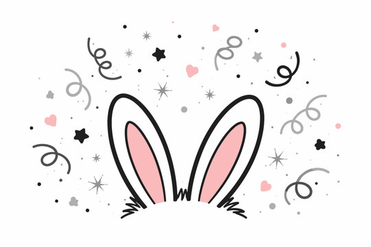 Playful Bunny Ears Illustration with Festive Confetti, Stars, and Hearts in Black, Gray, and Pink. Simple Flat Vector Design for Easter Celebrations, Party Invitations, and Cute Greeting Cards.