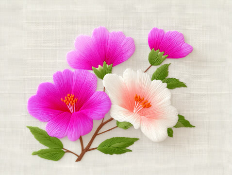 자수 스타일 핑크 무궁화 꽃다발 패브릭 질감 일러스트