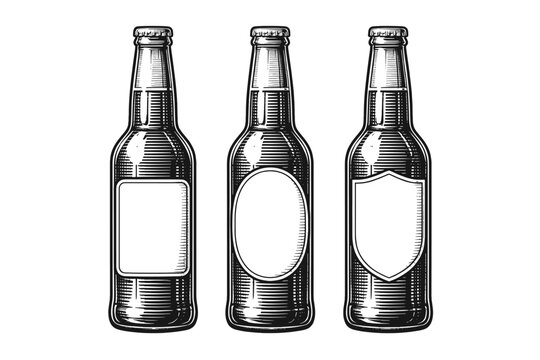 Set of Three Vintage Engraved Beer Bottles with Blank Labels for Mockup. Hand Drawn Woodcut Style Glass Beverage Containers Isolated on White Background. Vector Illustration for Brewery and Pub.