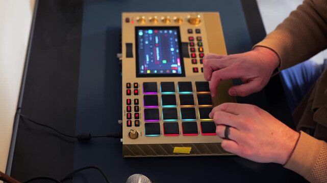 Middle Aged Man Making Hip Hop Beats on Hardware Sampler with Flashing Pads - Rap Music Producers in Danger with AI Music Concept