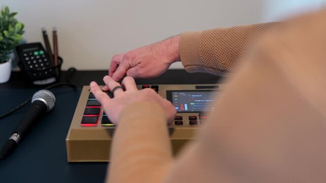 Middle Aged Man Making Hip Hop Beats on Hardware Sampler with Flashing Pads - Rap Music Producers in Danger with AI Music Concept