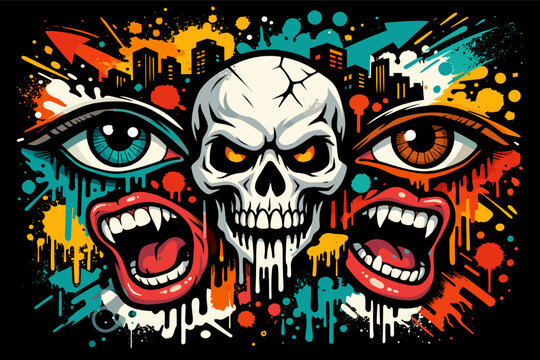 Urban Street Art Vector Illustration with Central Skull, Glowing Eyes, Human Eyes, and Screaming Vampire Mouths with Fangs amidst Vibrant Paint Splatters, Drips, and a Dark City Skyline Background.