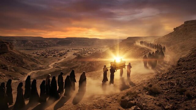 Procession of men carrying the golden ark through a rocky desert landscape at sunset. Biblical historical scene with a glowing religious relic and ancient path.