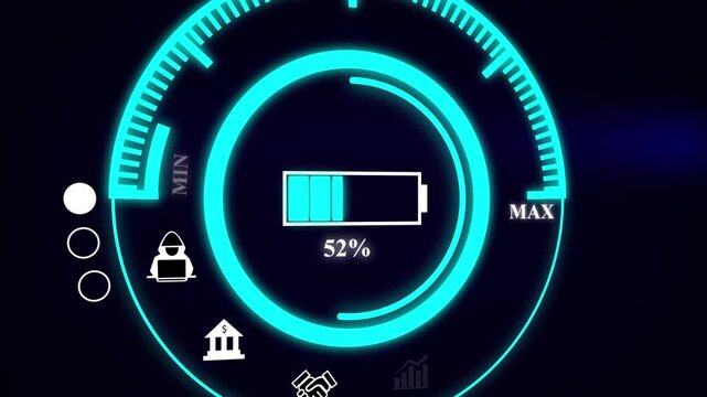 Futuristic digital interface displays battery level at thirty one percent. Futuristic digital battery interface shows energy level. Circular display reflects power and technology.