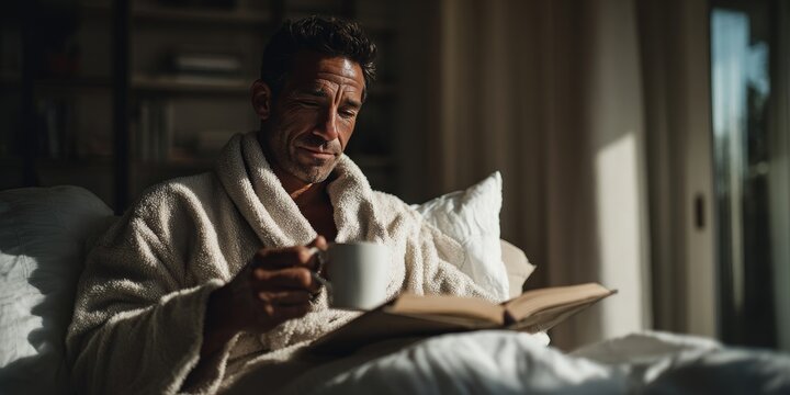 Man in Morning Serenity: A man sits in bed, swathed in a plush robe, absorbing himself in a book and savoring a steaming beverage. This image captures a moment of quiet reflection, serenity.