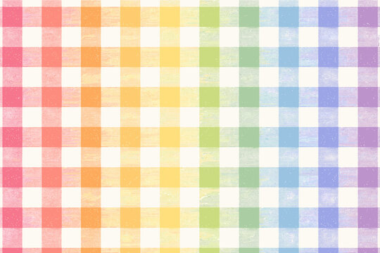 Retro Pastel Rainbow Gingham Pattern with Hand-Drawn Textured Checkered Squares in Pride Flag Colors. Seamless Vector Background for Textile, Fabric, Picnic Tablecloth, and Creative Graphic Design.