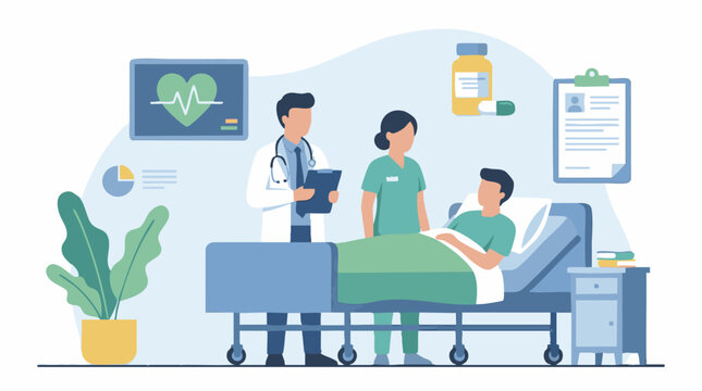 Medical staff caring for patient in hospital bed with health monitoring