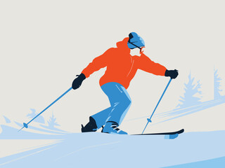 Obraz premium Skier descending a snowy slope with ski poles stylized vector art orange jacket blue pants activity recreation outdoors downhill mountain illustration
