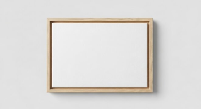 Minimalist wooden floater frame mockup, horizontal blank white canvas for art presentation, natural oak wood picture frame on neutral wall isolated on White Background