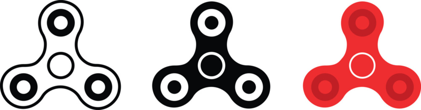 Fidget spinner vector icons set, flat hand spinner toy collection in black and red colors, sensory stress relief gadgets for focus