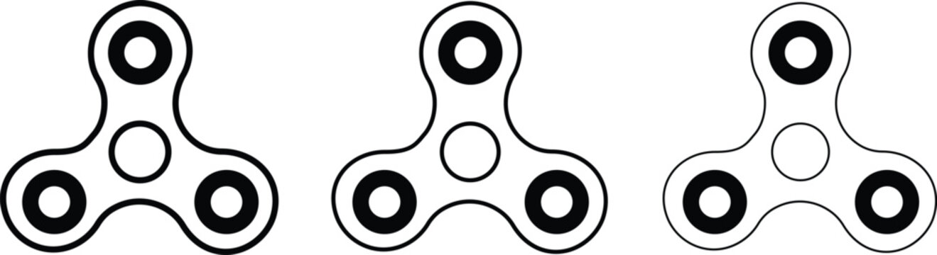 Minimalist fidget spinner vector icons, set of 3 black and white hand spinner line art, modern stress relief toy illustrations for web design
