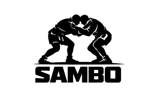 Sambo sport banner with written text and grappling men. Wrestling simple graphic black and white sign combat sports martial art.
