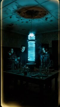 Three men experiment with a glowing tesla coil machine in a secret laboratory, creating blue electricity and smoke in a mysterious science fiction scene Vertical video