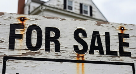 Fototapeta premium A weathered for sale sign in front of a house with a cloudy sky
