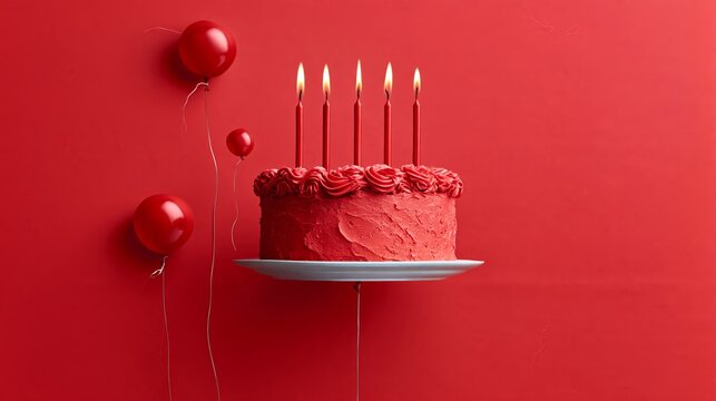 Red birthday cake with five lit candles on a silver cake stand, surrounded by red balloons against a solid red background for festive celebrations