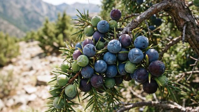 Close-up of a juniper branch laden with ripe green, blue, and purple berries, showcasing nature's bounty in a mountainous landscape.