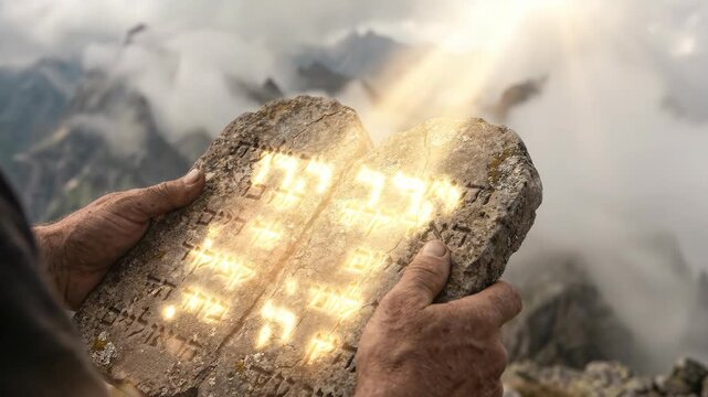 Man holding stone tablets with glowing commandments on mountain top. Biblical scene of prophet receiving divine law. Religious concept of faith and revelation.