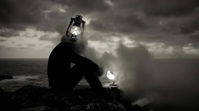 Man with lantern head sitting on cliff overlooking ocean at night. Surreal conceptual art piece showing glowing light emitting smoke in dark moody landscape.