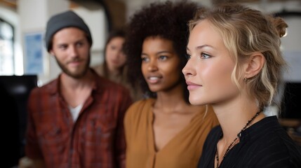 Fototapeta premium Three diverse professionals engaging in thoughtful discussion within a bright modern collabo n space
