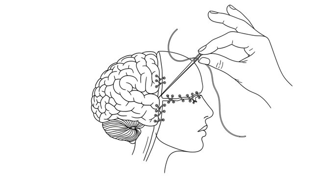 Mending the Mind: Minimalist Line Art of Hand Stitching a Human Brain | Psychological Healing Illustration