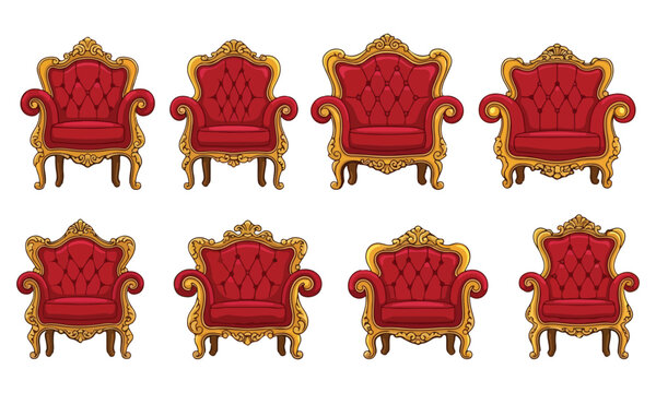 Set of eight elegant antique red king chairs with golden ornate frames.