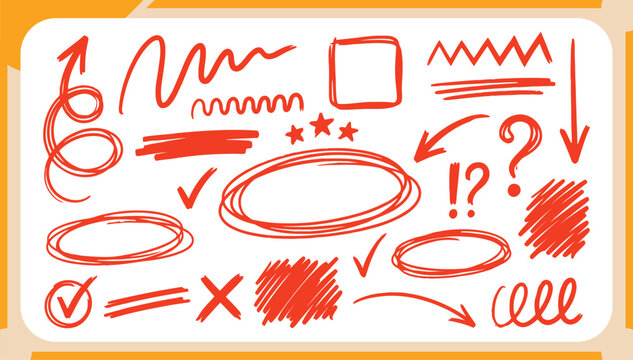 Collection of Red Marker Doodles Featuring Hand Drawn Arrows, Thick Scribble Highlights, Question Marks and Decorative Rectangular Border Graphic Elements Vector Set