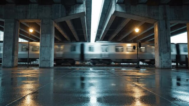 Rainy urban scene of a silver train speeding past a transit station beneath an overpass with wet, reflective ground.
