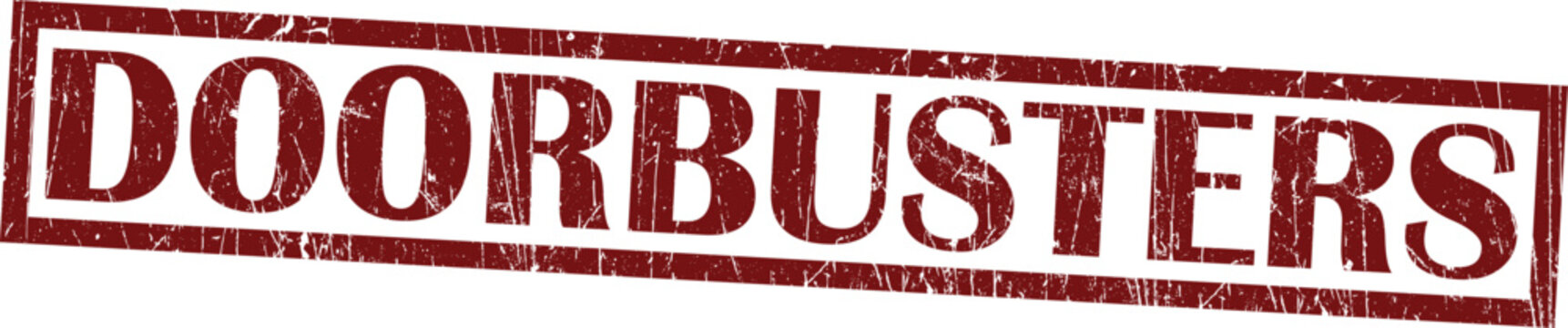 Distressed dark red rubber stamp impression with the word doorbusters in a rectangular border