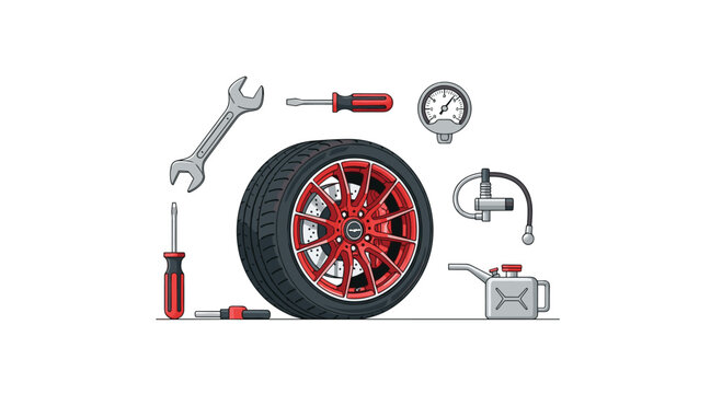Detailed red sports car wheel centered with surrounding maintenance tools including a wrench and pressure gauge on a clean white background for auto repair.