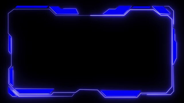 Futuristic blue neon frame border adorned with intricate geometric shapes, glowing lines, and luminous highlights set against a sleek black background for a modern tech aesthetic.