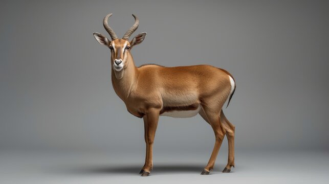 Saiga antelope standing in full body stance on gray background with gentle expression