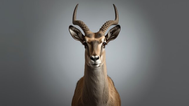 Saiga antelope in a full body stance with a gentle expression on a gray background highlighting its distinctive horns and brown fur
