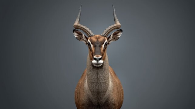 Saiga antelope standing in a full body stance with a gentle expression on a dark gray background