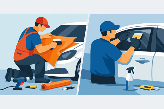 Professional car detailing service illustration featuring workers applying orange vinyl wrap to a vehicle hood and tinting windows using specialized tools like squeegees and heat guns in flat style.