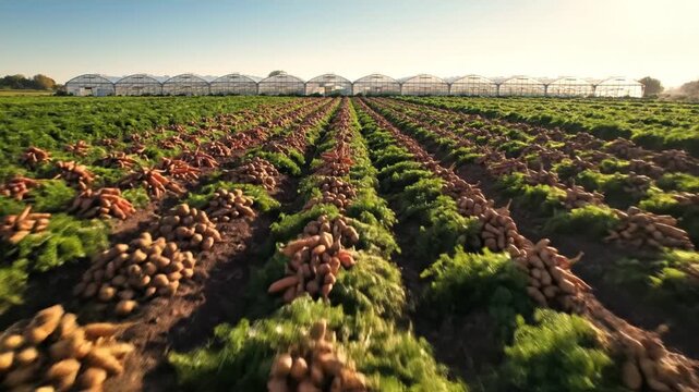 Parallel rows of freshly harvested potatoes and bundled carrots with green tops lying on soil in a large agricultural farm field with a series of greenhouses in the background.