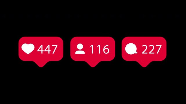 Social media engagement notification counter animation: likes followers and comments icon. Increasing network viral growth instagram overlay with transparent background MOV alpha