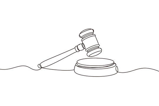 Continuous line drawing of a wooden judge's gavel and sound block, symbolizing law, justice, and legal authority. Minimalist vector illustration for courtroom, auction, and legal system themes.