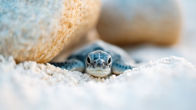Baby sea turtle hatchling on sandy beach with rocks. Young marine animal in coastal habitat. Wildlife conservation and ocean protection concept for environmental awareness.