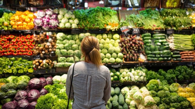 Woman examining wide produce display in grocery market