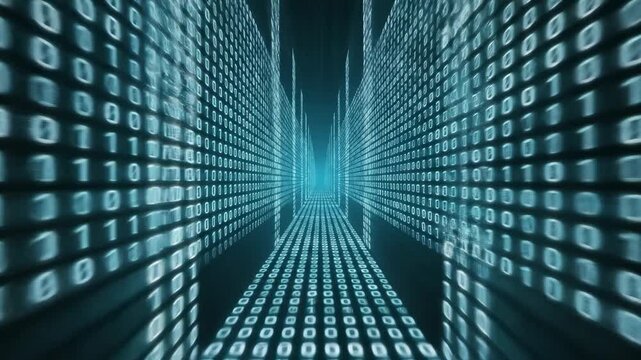 Futuristic Digital Data Tunnel with Glowing Blue Binary Code Walls for Cybersecurity and Big Data Concepts.