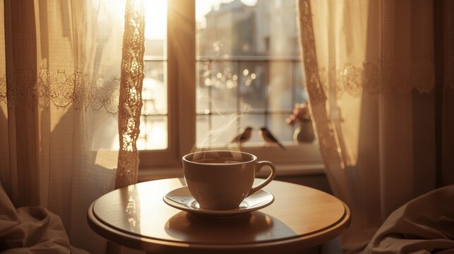 Steaming cup of coffee on a small table by a sunny window with curtains morning light