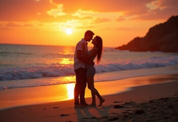 Fototapeta premium Couple Enjoying Romantic Beach Ambiance with Vibrant Sunset Colors and Tranquil Ocean Waves